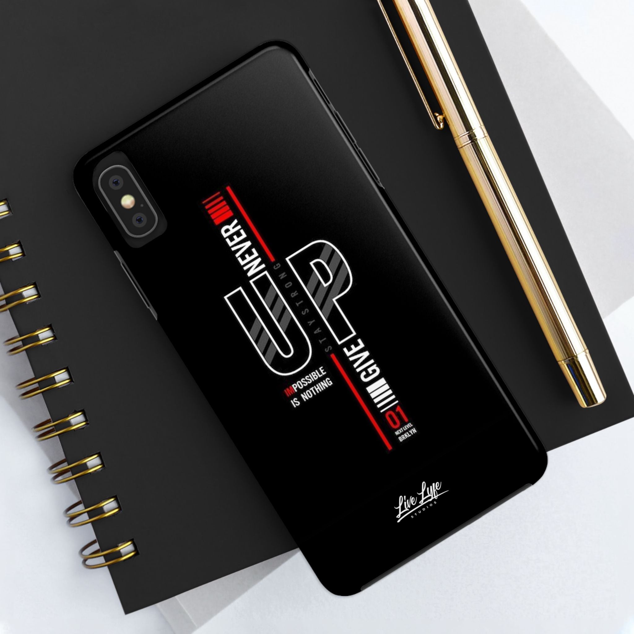 Never Give Up Motivational Phone Case – Sleek Black Inspirational Cover