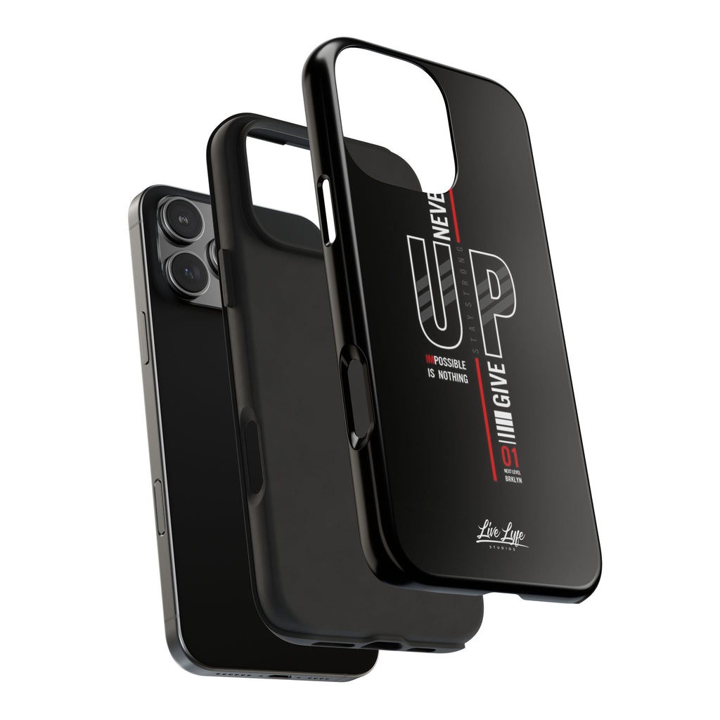 Never Give Up Motivational Phone Case – Sleek Black Inspirational Cover