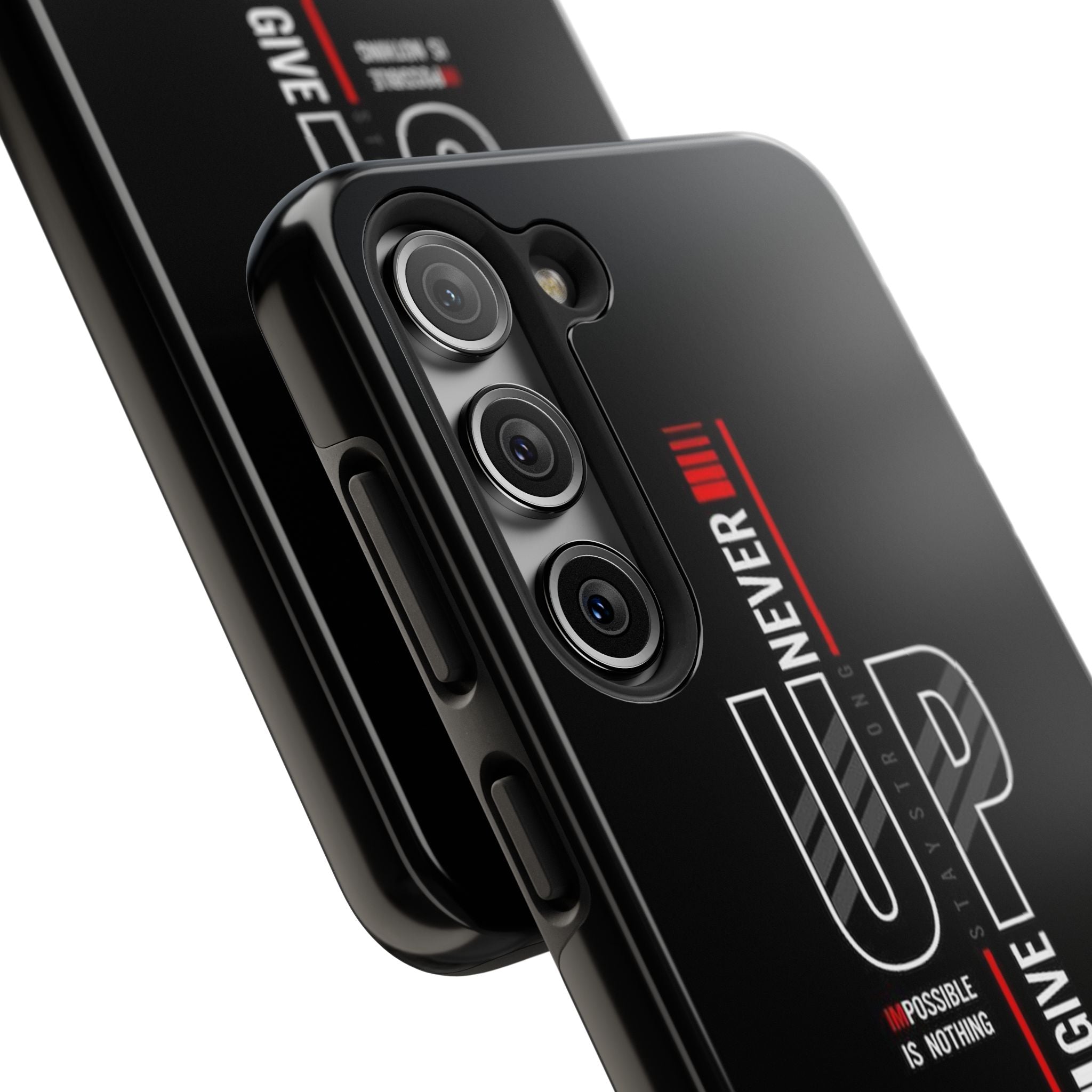Never Give Up Motivational Phone Case – Sleek Black Inspirational Cover