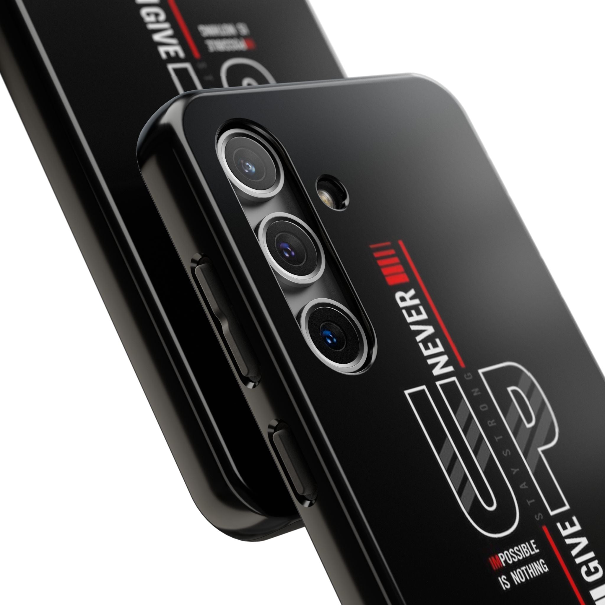 Never Give Up Motivational Phone Case – Sleek Black Inspirational Cover