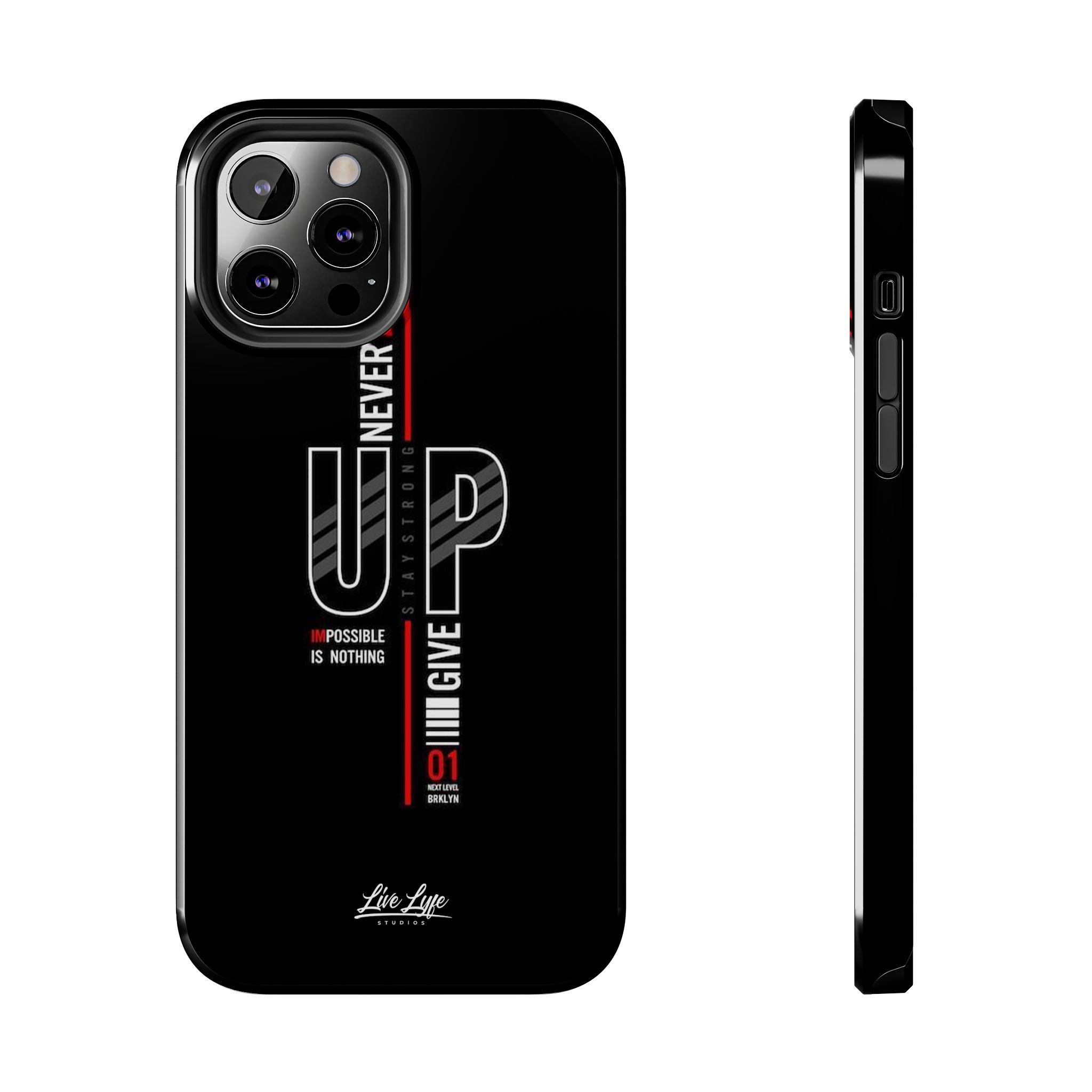 Never Give Up Motivational Phone Case – Sleek Black Inspirational Cover