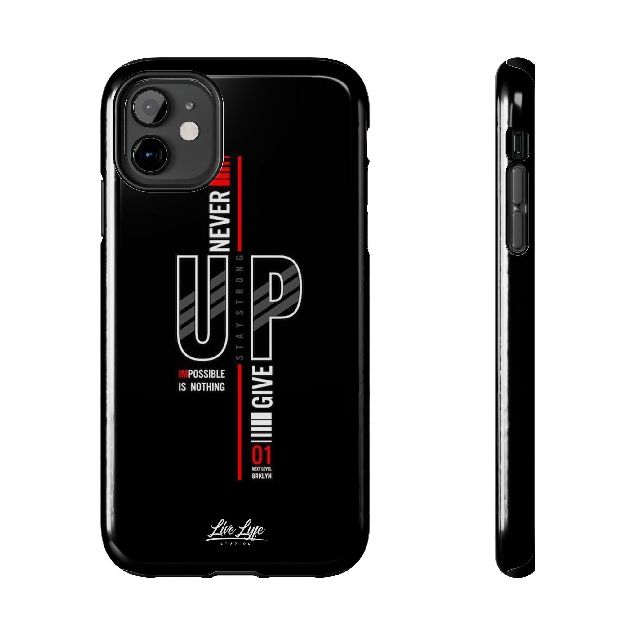 Never Give Up Motivational Phone Case – Sleek Black Inspirational Cover