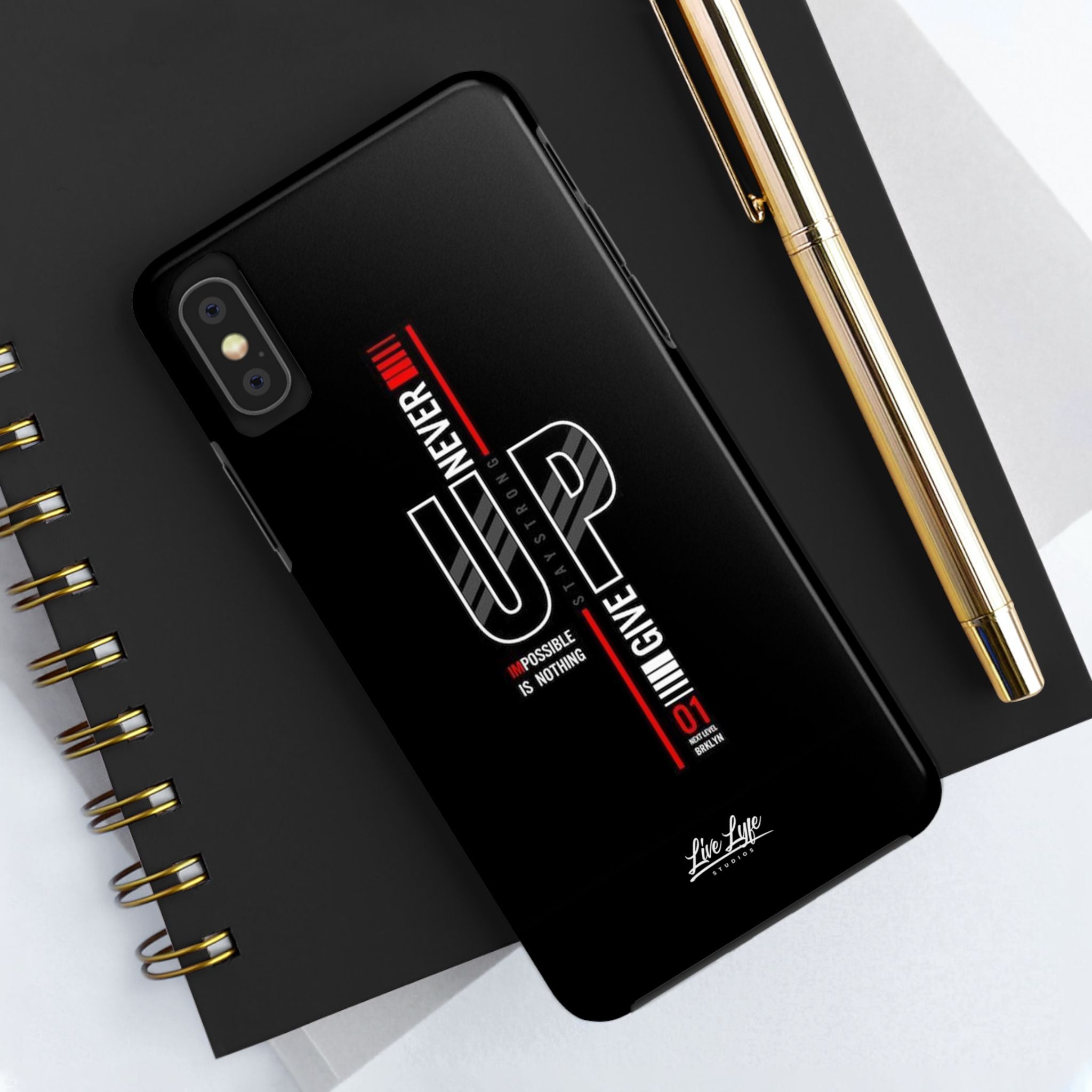 Never Give Up Motivational Phone Case – Sleek Black Inspirational Cover