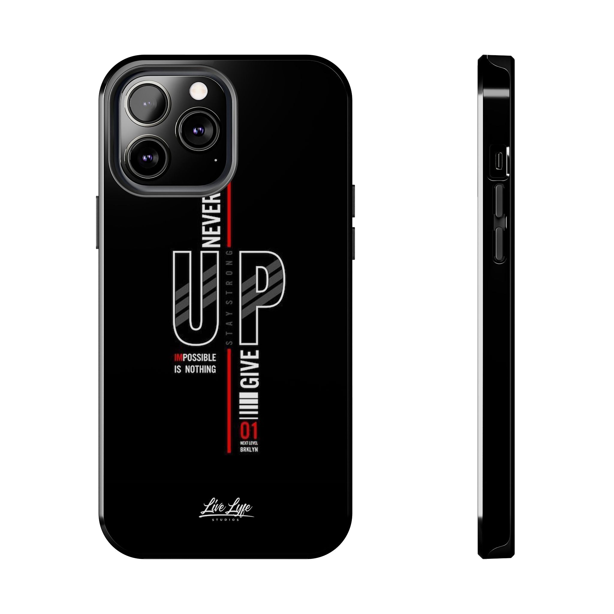 Never Give Up Motivational Phone Case – Sleek Black Inspirational Cover