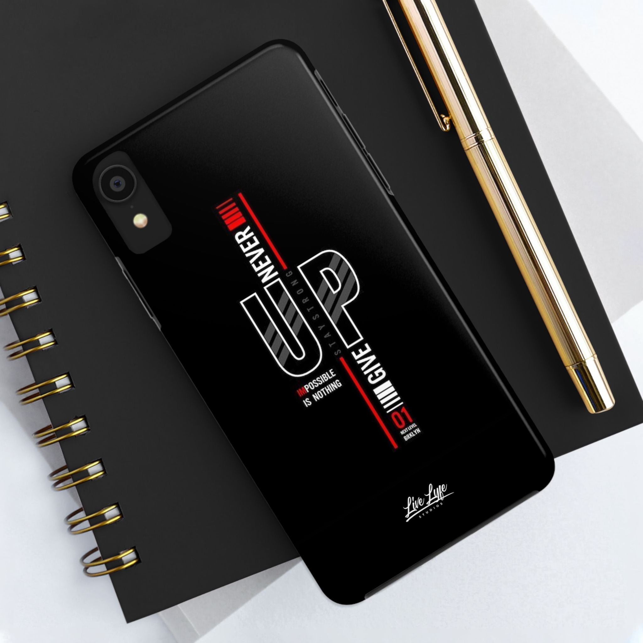 Never Give Up Motivational Phone Case – Sleek Black Inspirational Cover