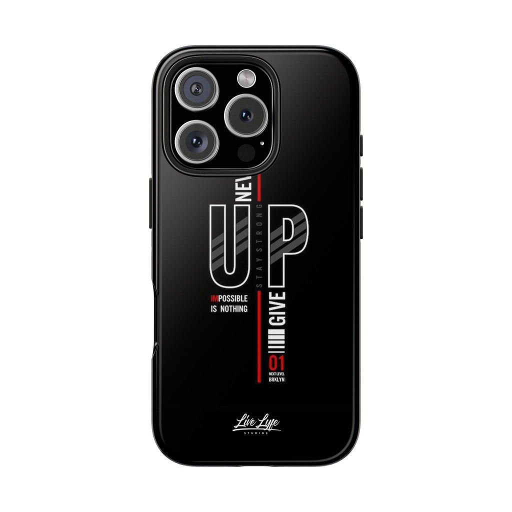 Never Give Up Motivational Phone Case – Sleek Black Inspirational Cover