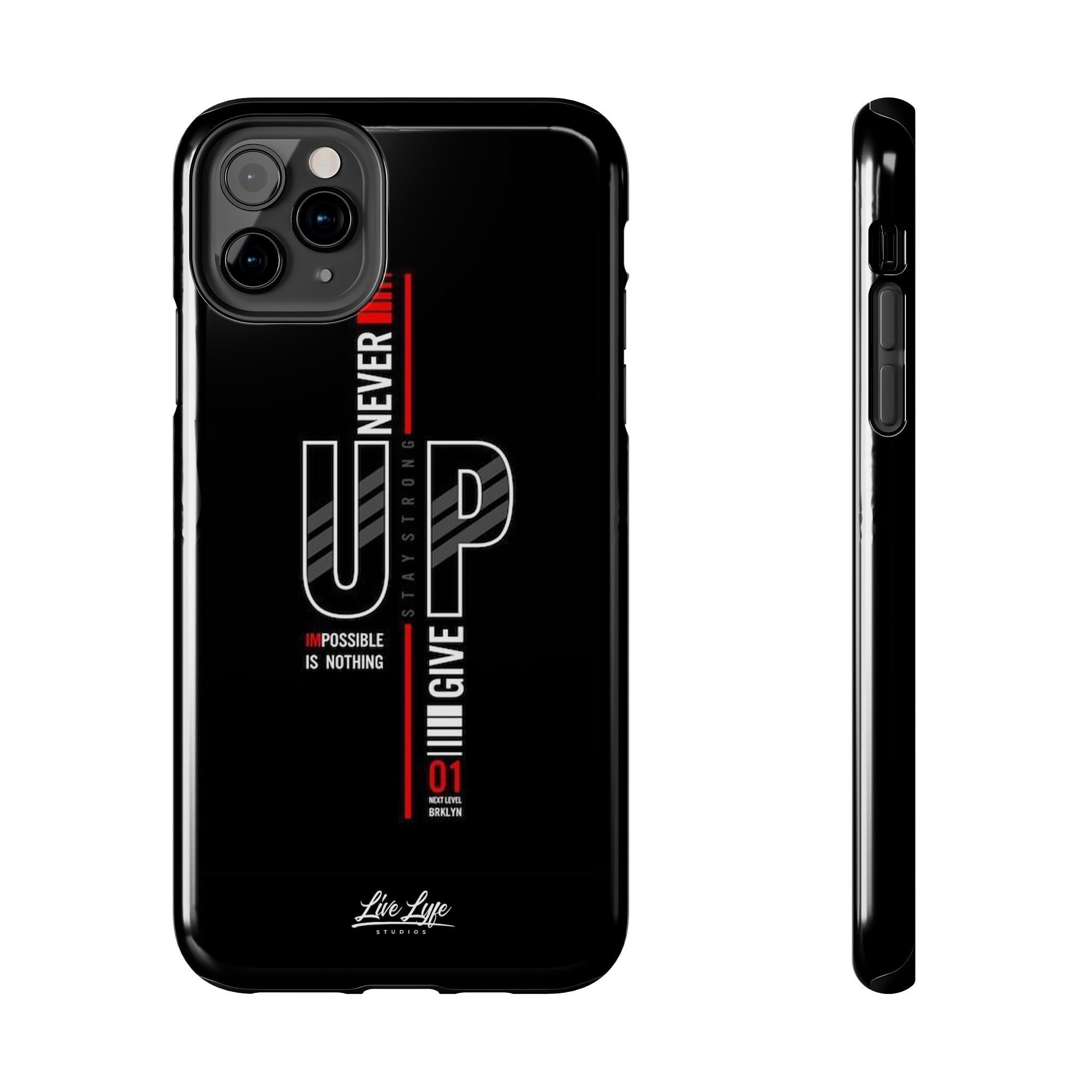 Never Give Up Motivational Phone Case – Sleek Black Inspirational Cover