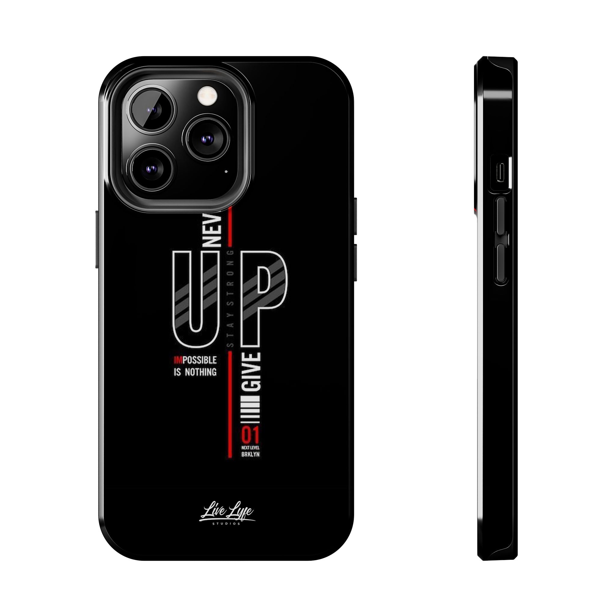 Never Give Up Motivational Phone Case – Sleek Black Inspirational Cover